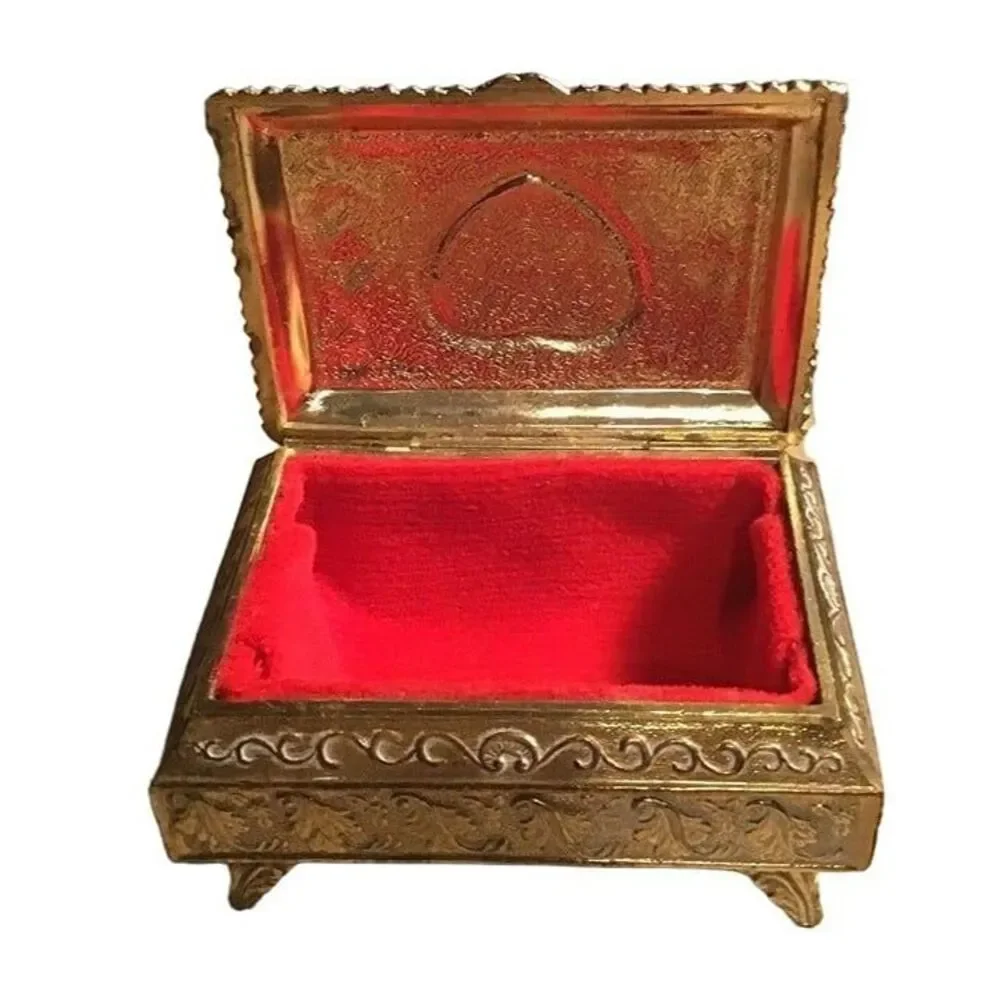 Vintage Japan Silver Plated Footed Jewelry Box Heart Floral Porcelain Inlay